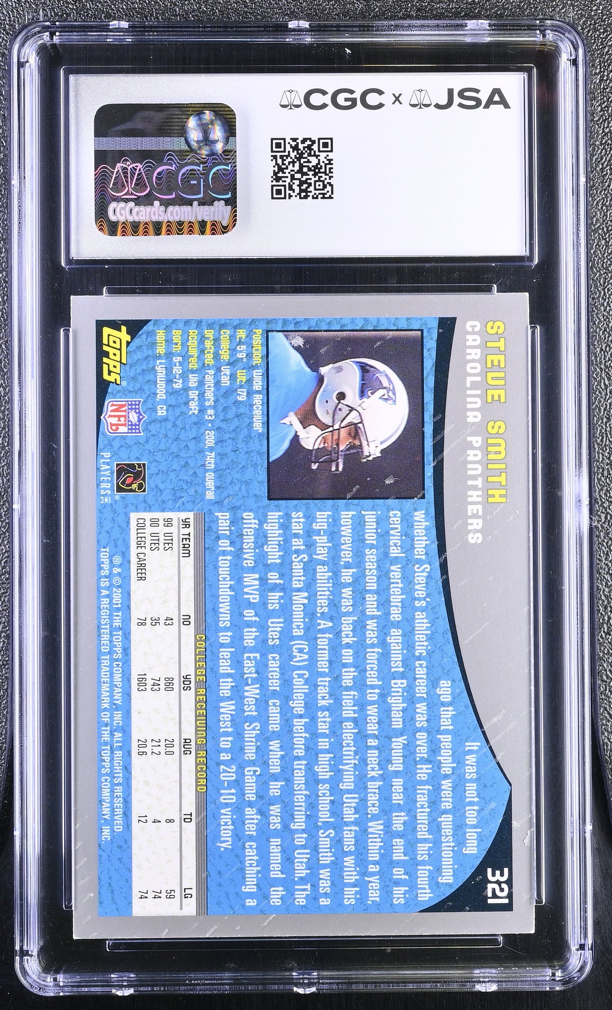 2001 Topps Collection Steve Smith Rookie Auto Autograph CGC Authentic Panthers