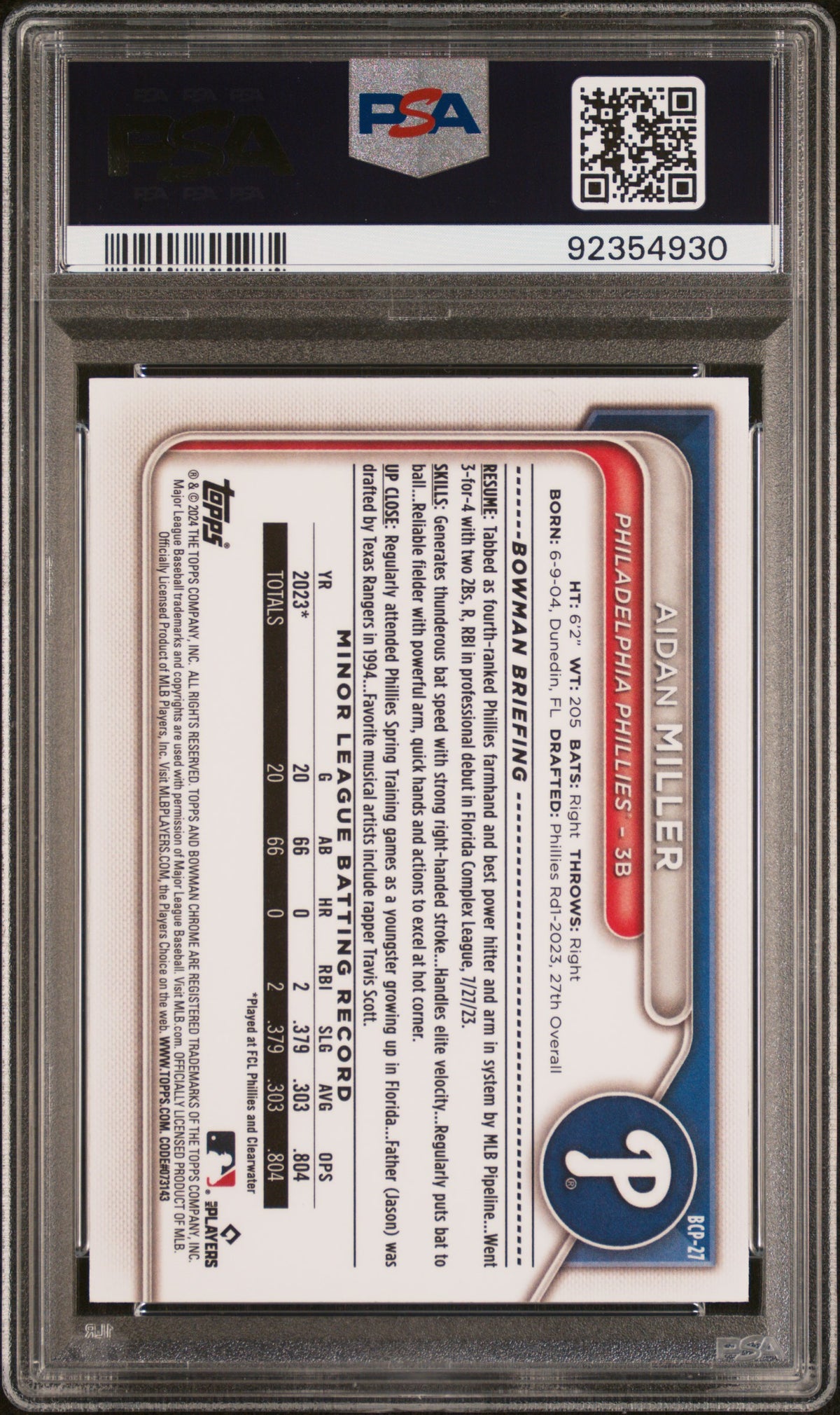 2024 Bowman Chrome Prospects Aidan Miller #BCP27 Mini Dia Ref PSA 9