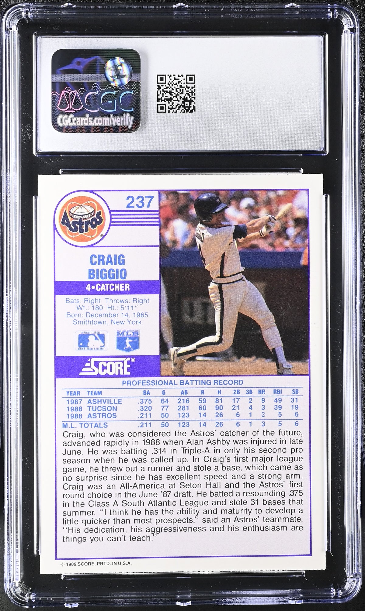 1989 Score Craig Biggio #237 CGC 9.5