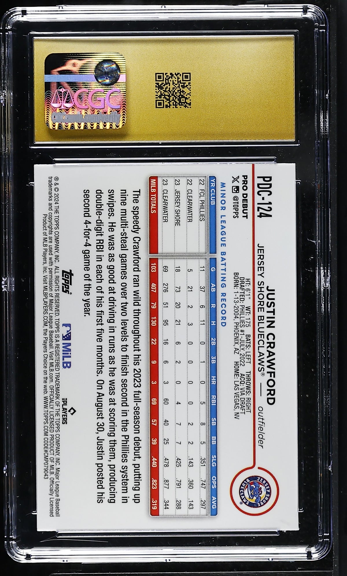 2024 Topps Pro Debut Justin Crawford Gold Mini-Diamond /50 Chrome PDC-124 CGC 10