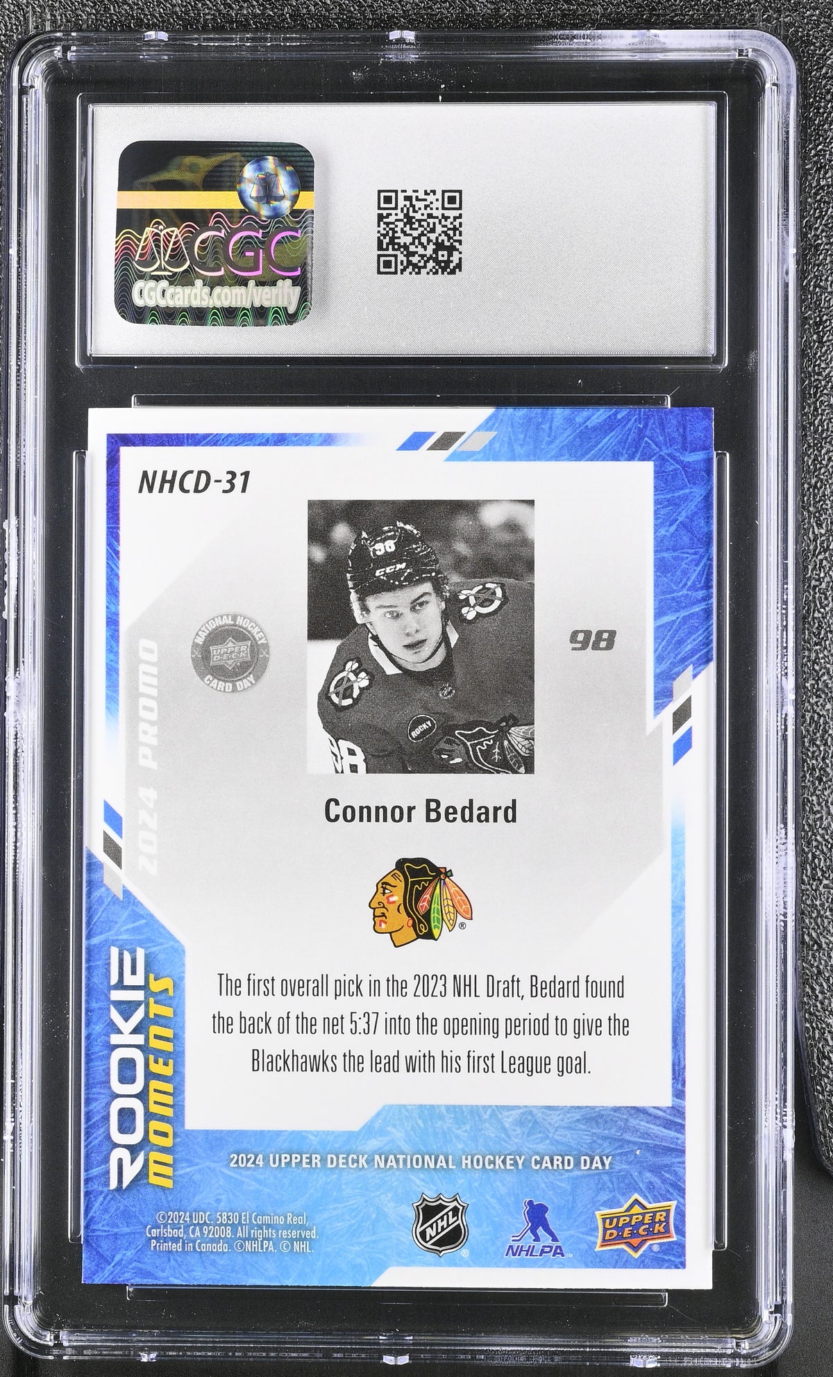 2024 UD Nat'l Hockey Card Day Connor Bedard Rookie #NHCD-31 CGC 10 Blackhawks