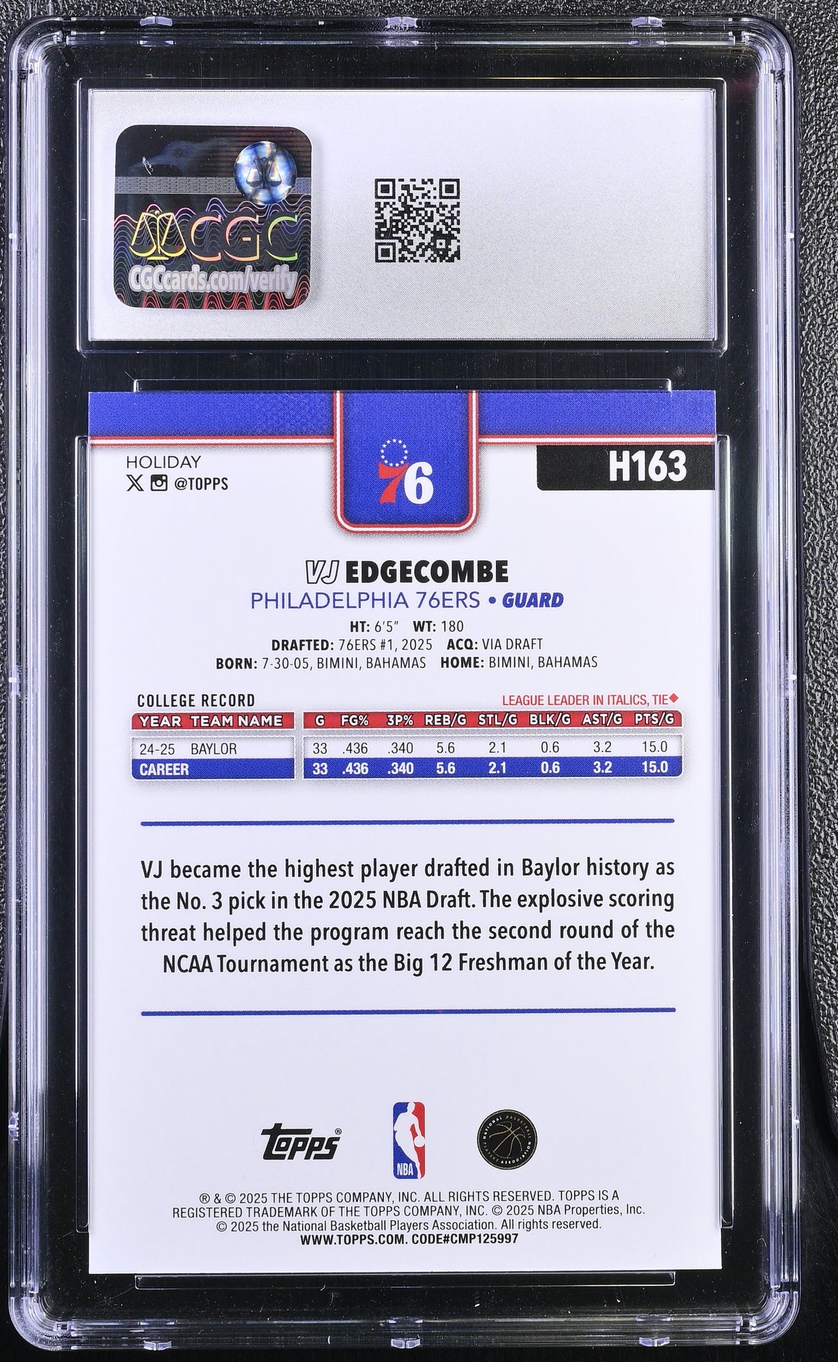 2025-26 Topps Holiday VJ Edgecombe #H163 CGC 10