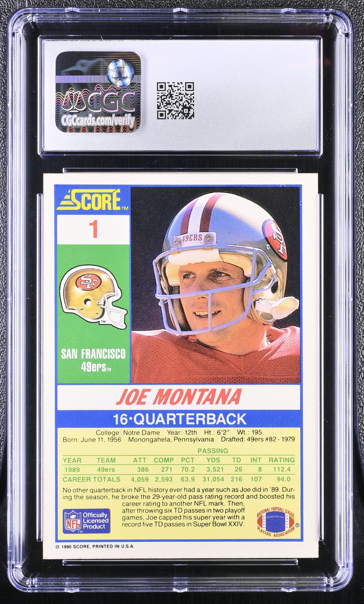 1990 Score Joe Montana #1 CGC 10 San Francisco 49ers