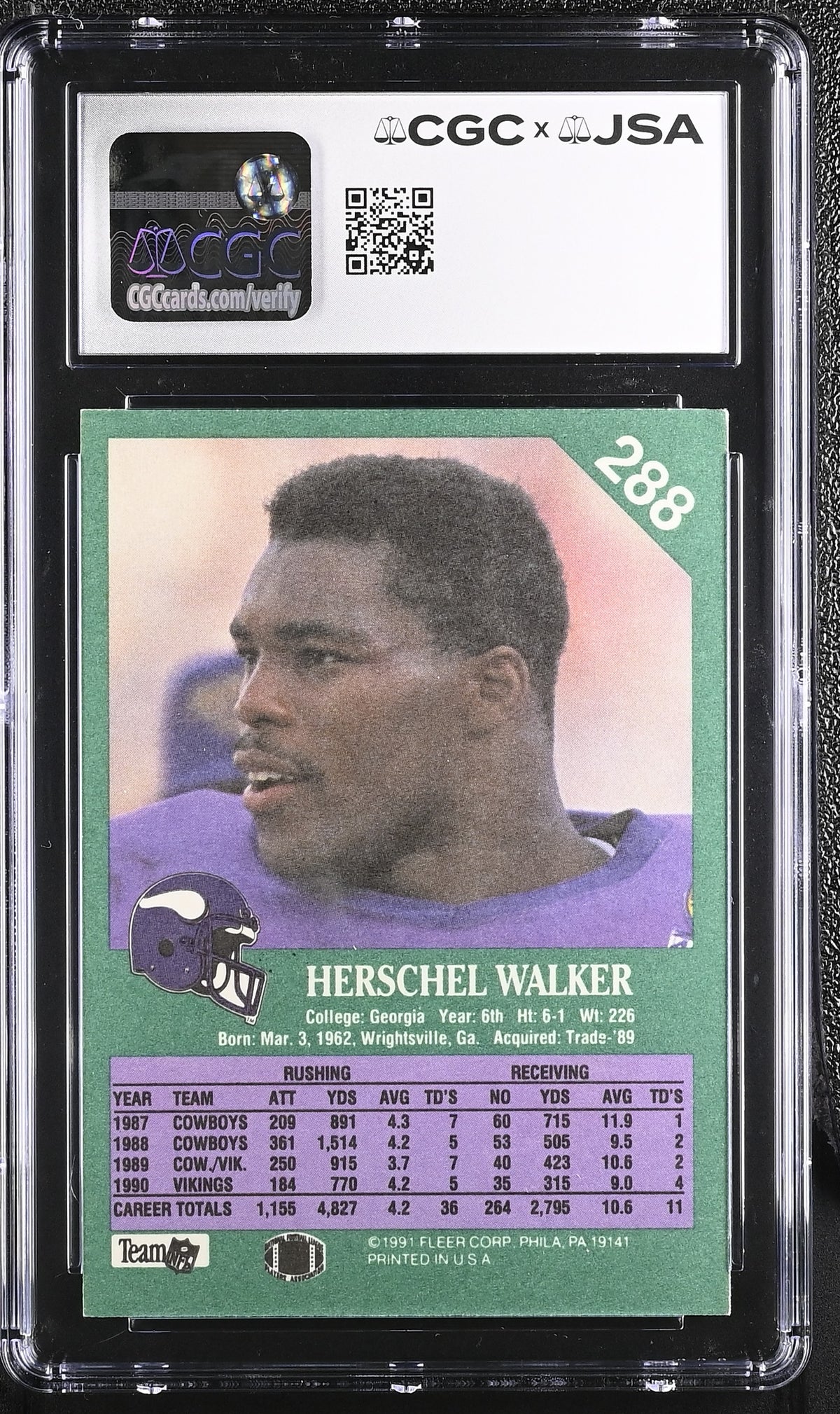 1991 Fleer Herschel Walker Auto Autograph #288 CGC Authentic JSA Vikings