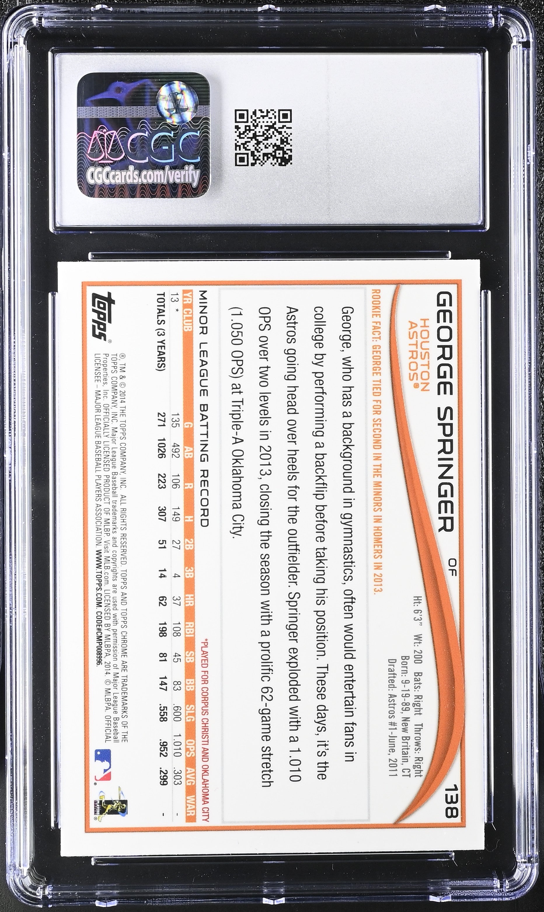 2014 Topps Chrome George Springer #138 CGC 9.5