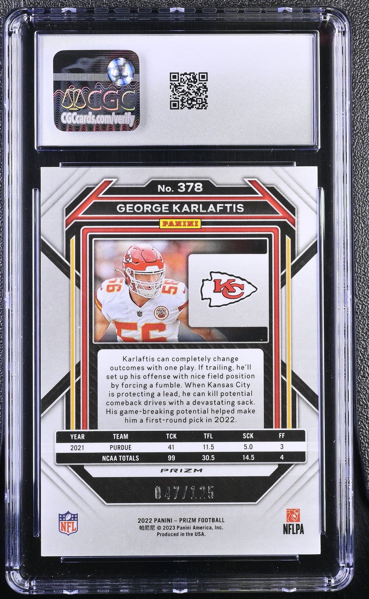 2022 Panini Prizm George Karlaftis Purple /125 Rookie #378 CGC 10 Chiefs