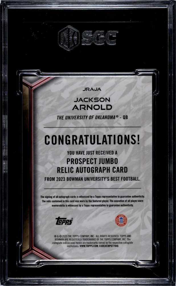 2023 Bowman U Best Jackson Arnold Jumbo Relic Auto Rookie #JRA-JA SGC 9 Oklahoma