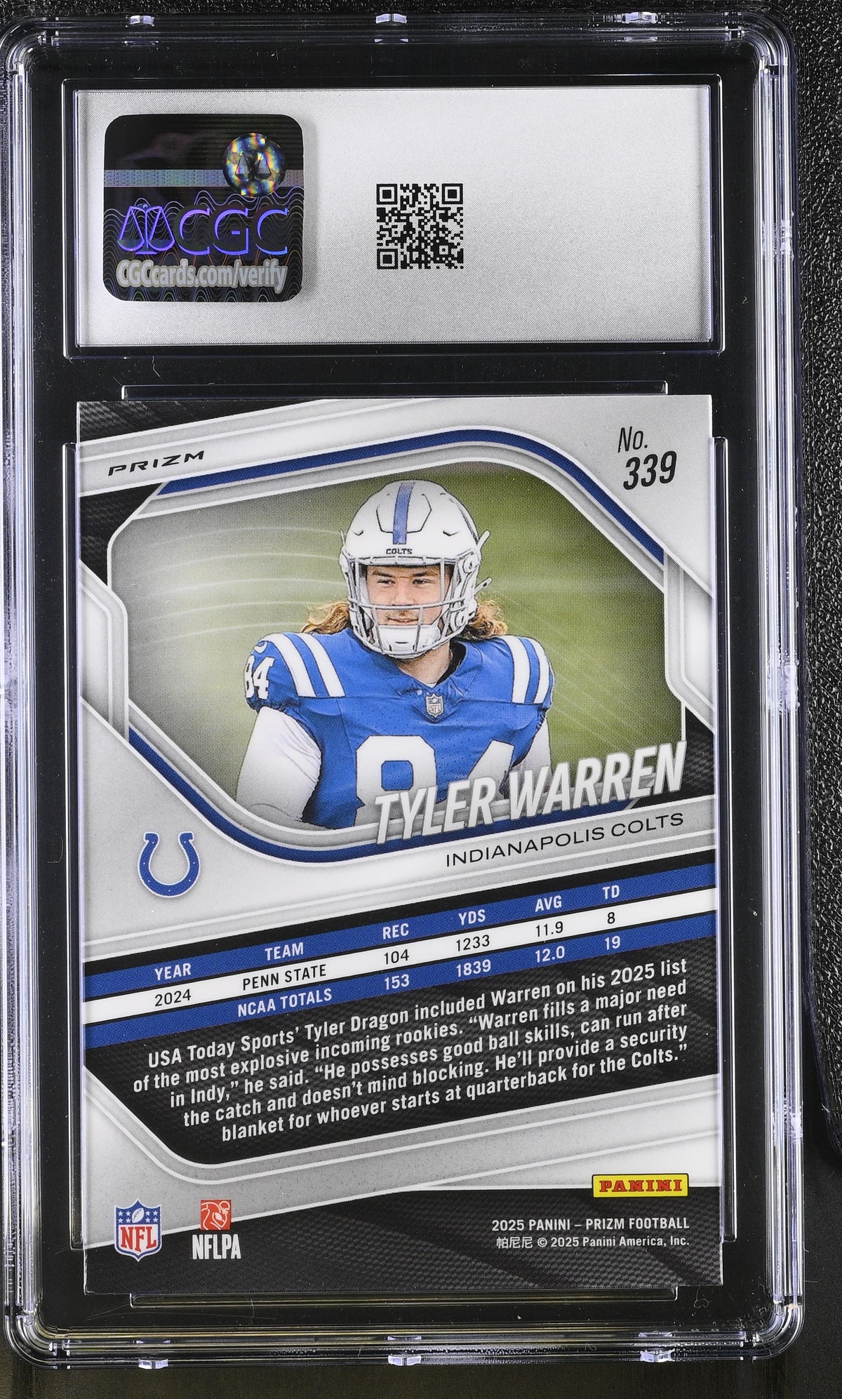 2025 Panini Prizm Tyler Warren White Disco Rookie #339 CGC 9.5 Colts