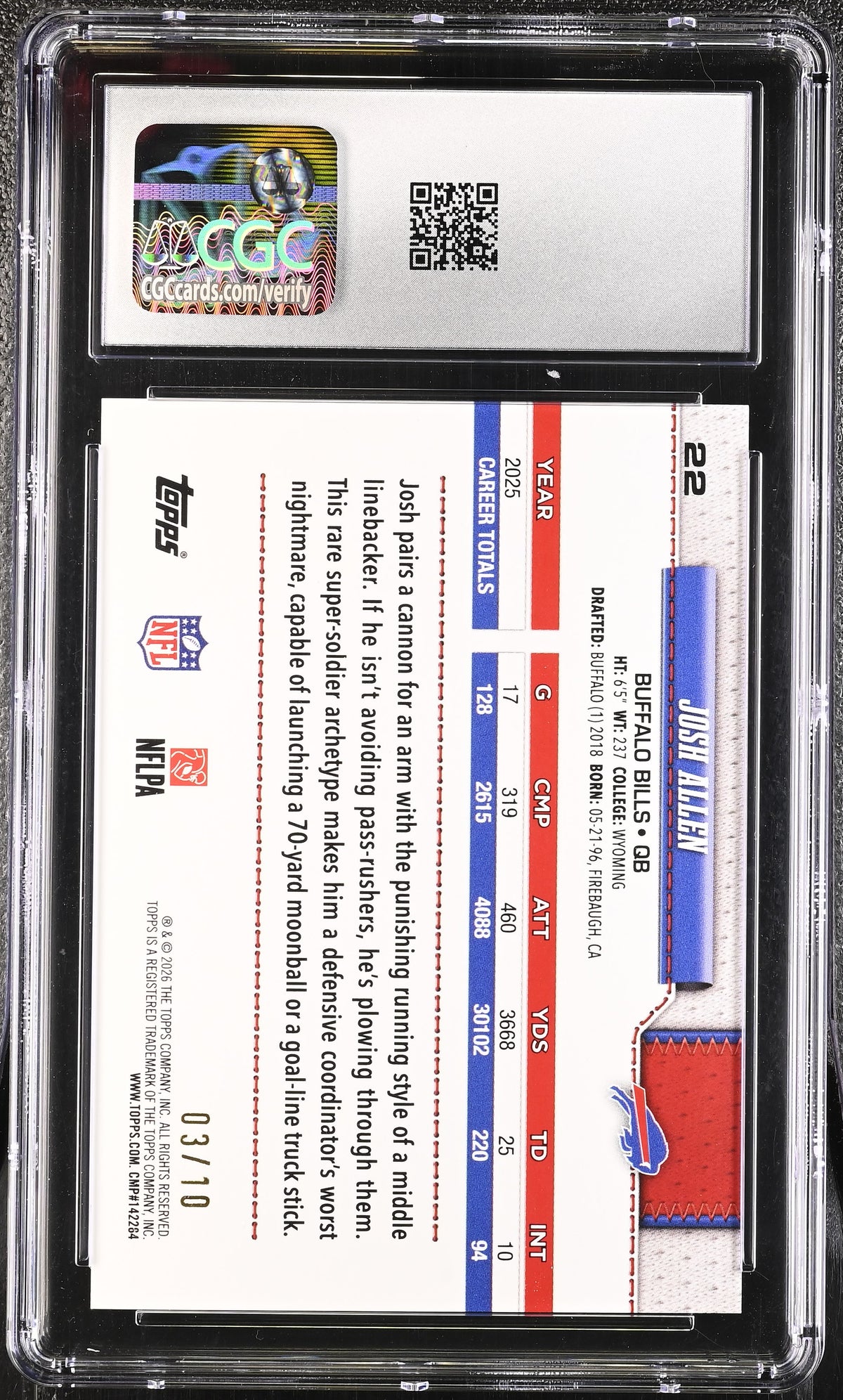 2026 Topps Flagship Josh Allen Black Rainbow Foil #22 CGC 9 Buffalo Bills