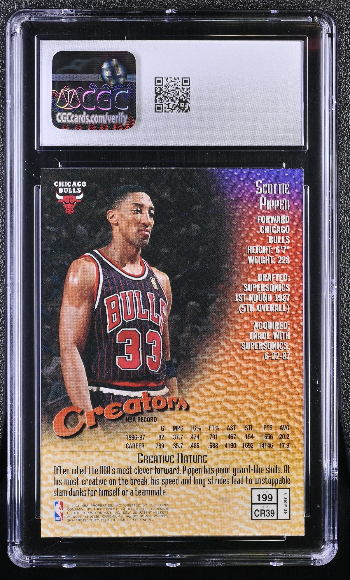 1997-98 Topps Finest Scottie Pippen w/ Coating #199 CGC 9.5 Chicago Bulls