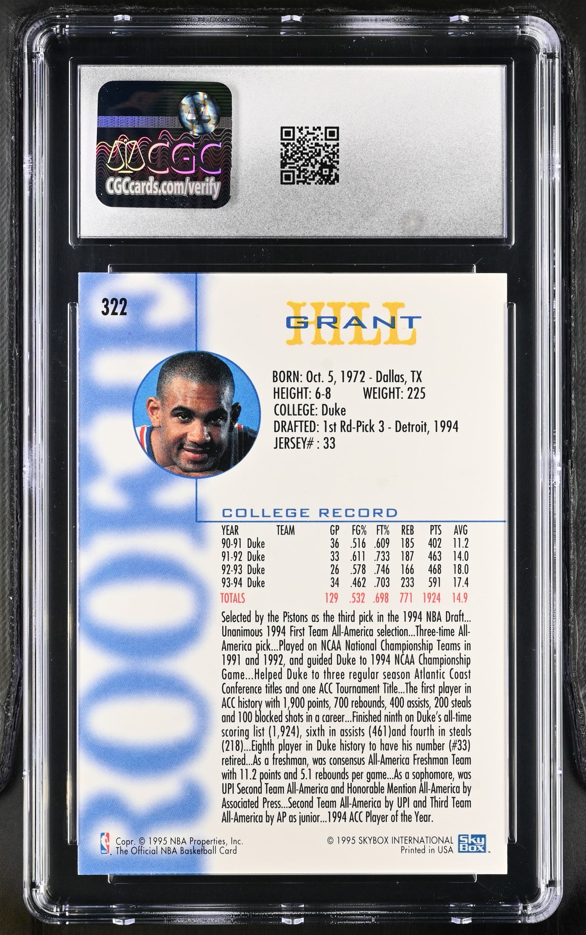 1994-95 Hoops Grant Hill Rookie #322 CGC 9.5 Detroit Pistons