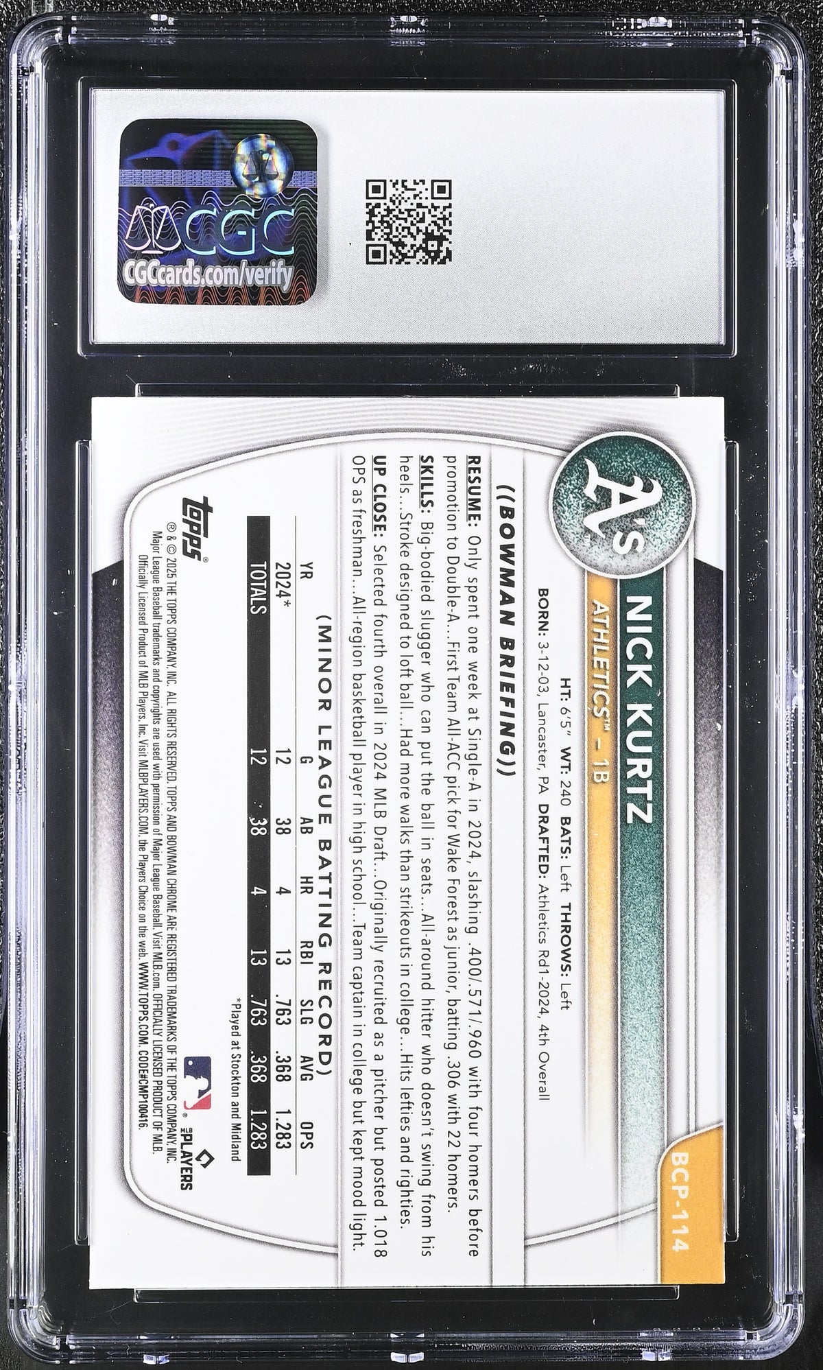 2025 Bowman Nick Kurtz Rookie Chrome Prospects #BCP-114 CGC 9 Oakland Athletics