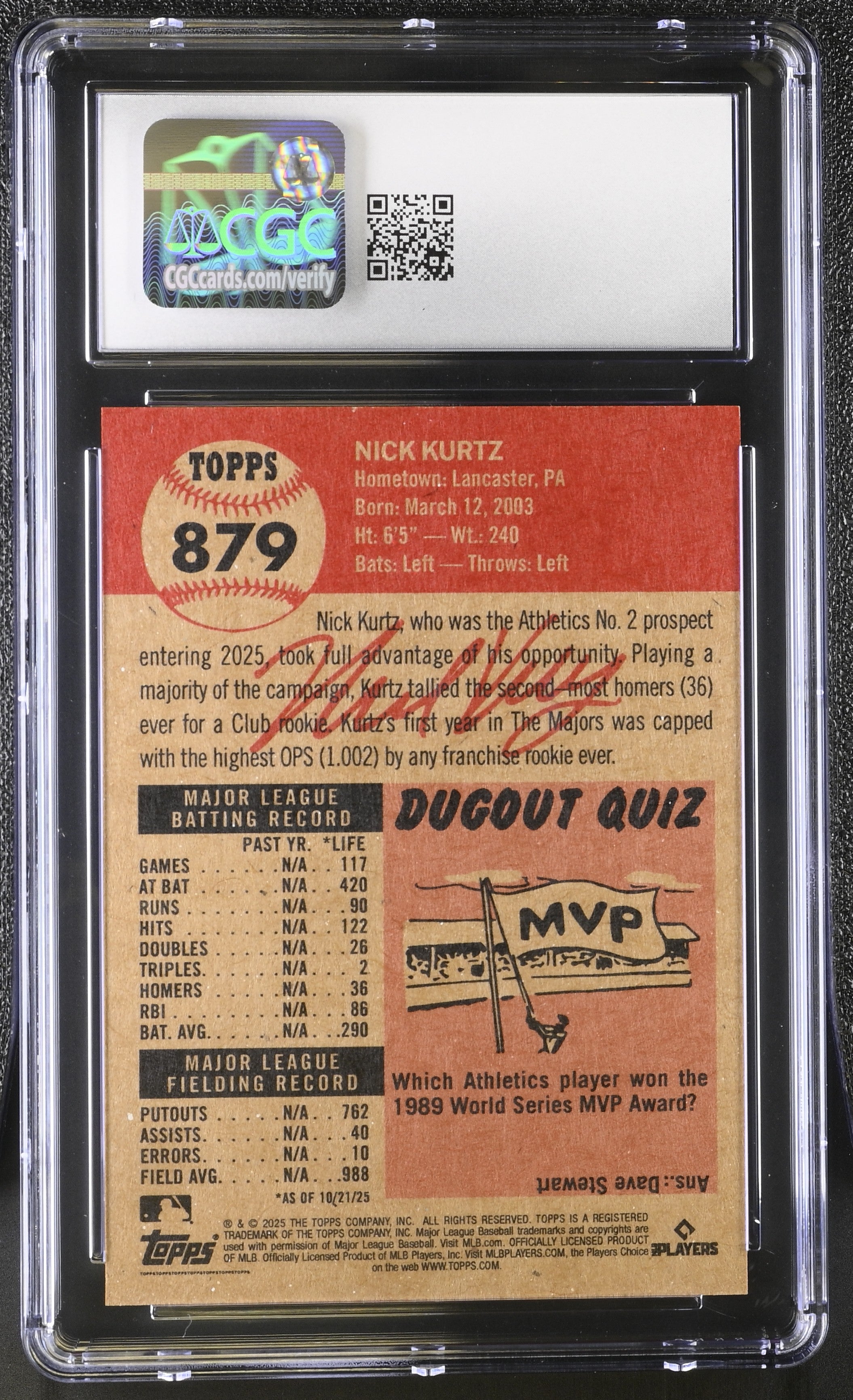 2025 Topps Living Set Nick Kurtz #879 CGC 9