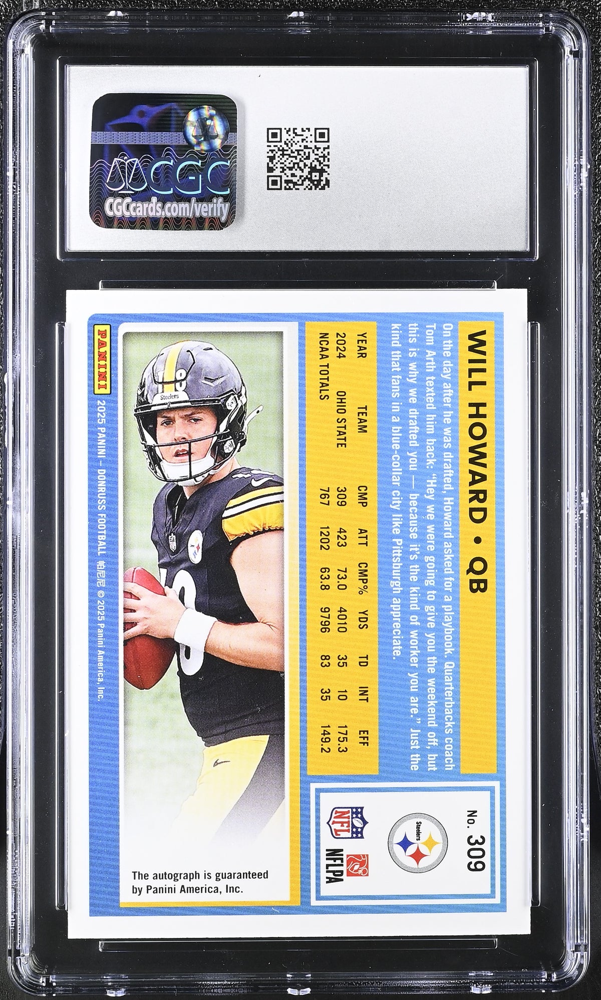 2025 Donruss Will Howard Green Rated Rookie Autographs #309 CGC 9 Steelers