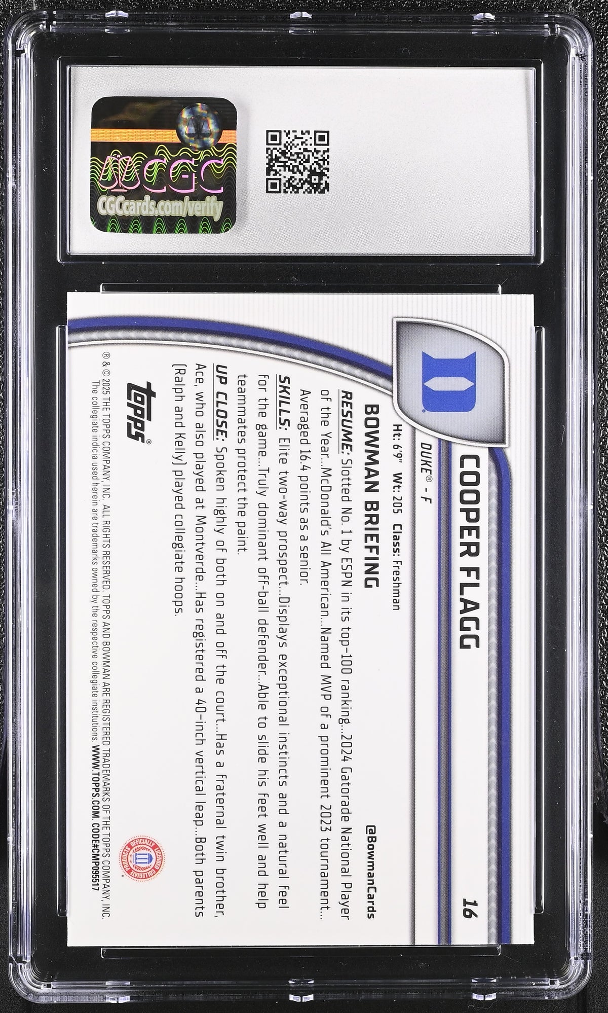 2024-25 Bowman University Chrome Cooper Flagg Rookie #16 CGC 9.5 Duke