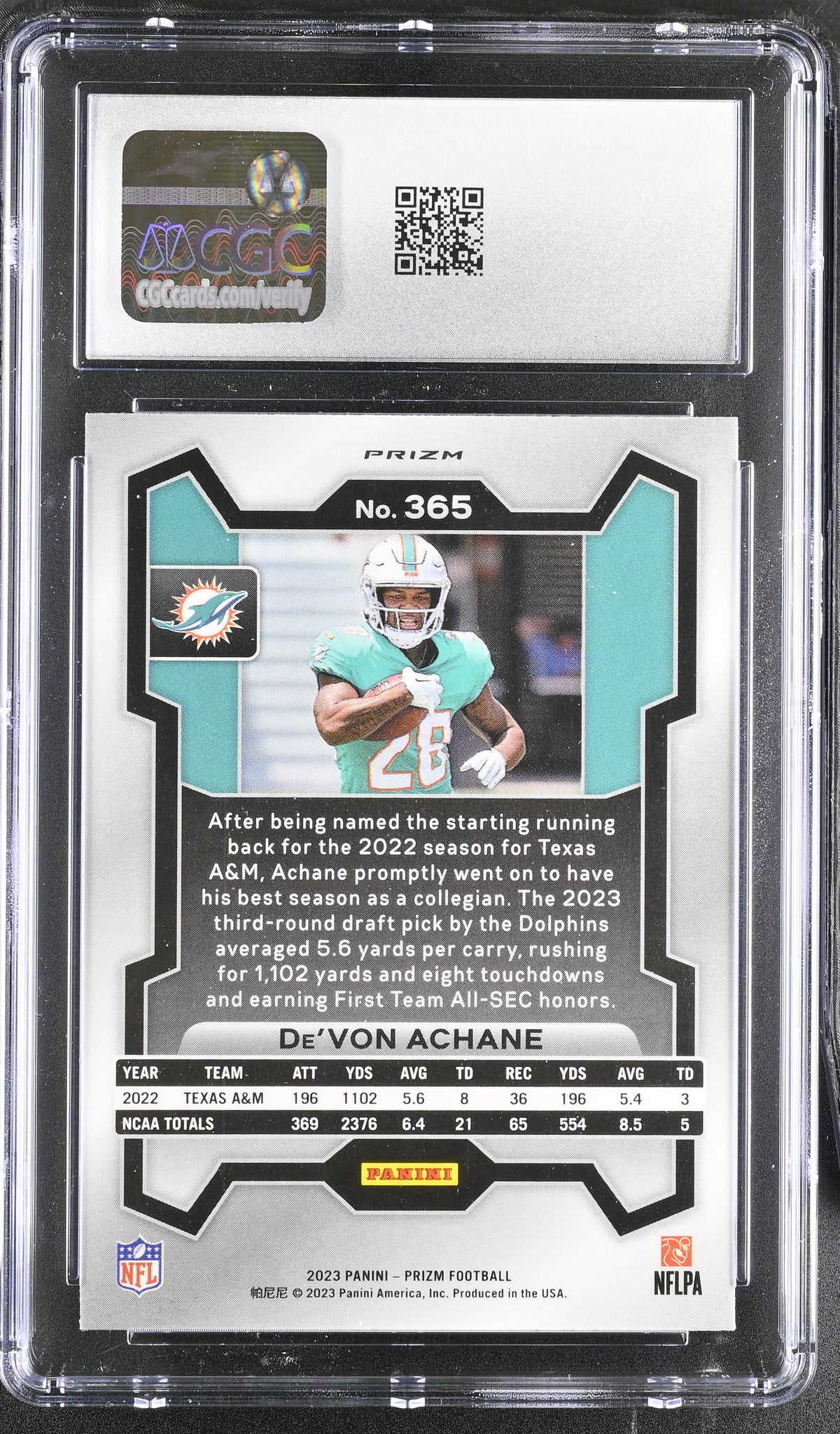 2023 Panini Prizm De'Von Achane Silver #365 CGC 9