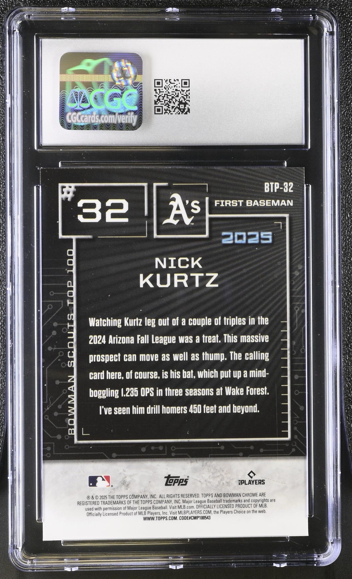 2025 Bowman Nick Kurtz Aqua Refractor /125 Scouts Top 100 BTP-32 CGC 9 Athletics