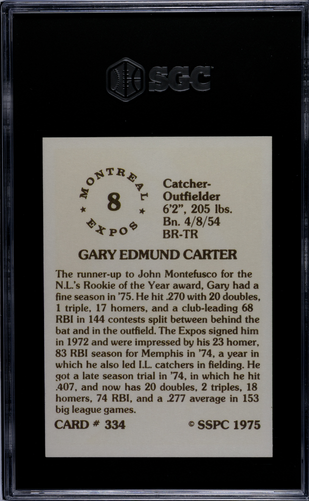 1975 Sspc Gary Carter Rookie #334 SGC 9.5 Montreal Expos