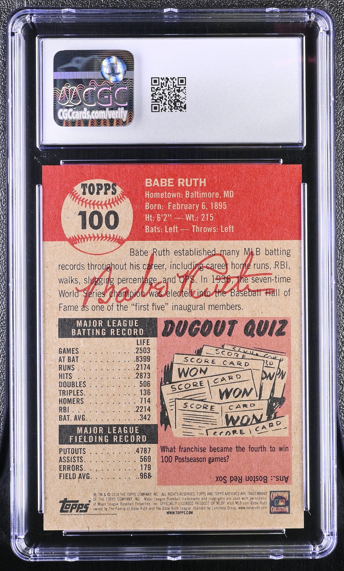 2018 Topps Living Set Babe Ruth #100 CGC 9.5