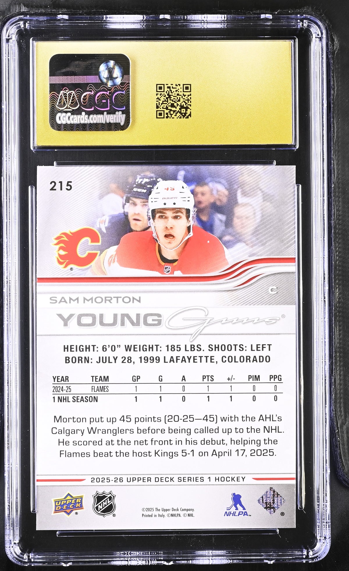 2025-26 Upper Deck Sam Morton Young Guns Rookie #215 CGC 10 Pristine Flames