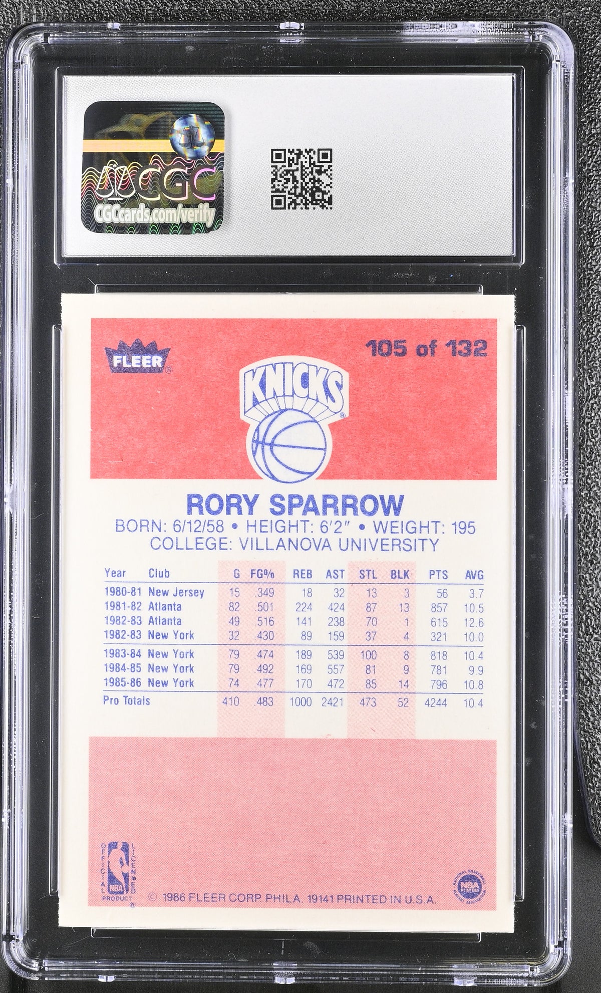 1986-87 Fleer Rory Sparrow #105 CGC 8 New York Knicks