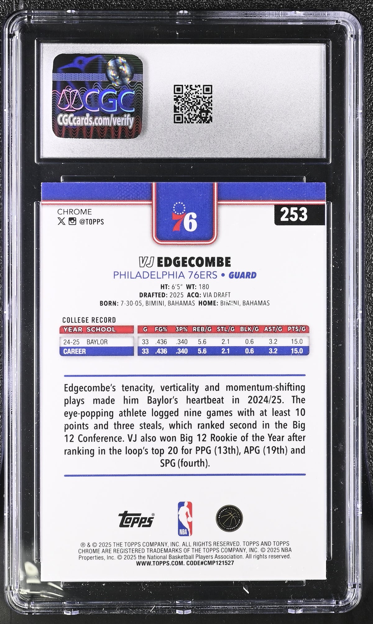 2025-26 Topps Chrome VJ Edgecombe Rookie #253 CGC 9 Philadelphia 76ers