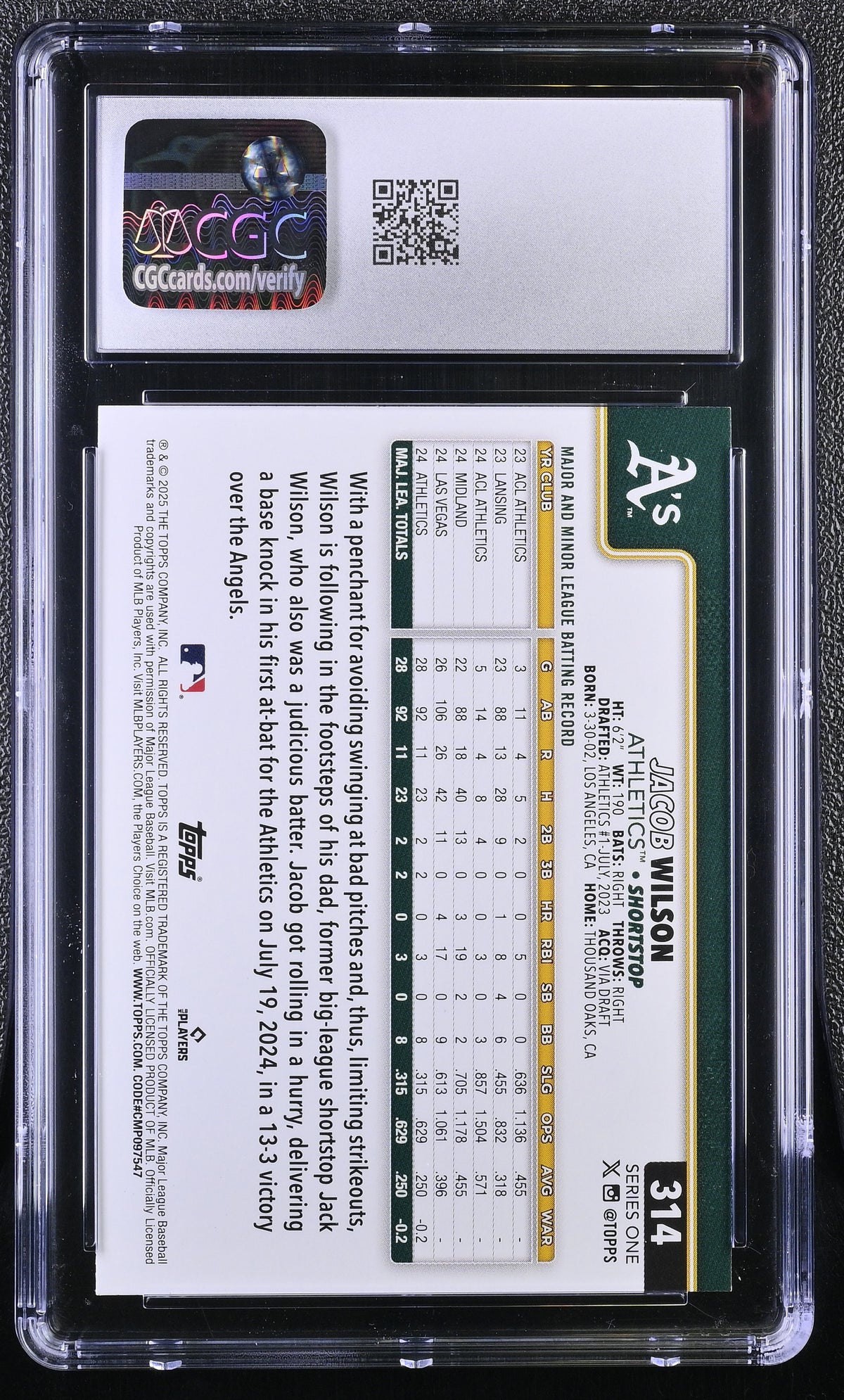 2025 Topps Jacob Wilson Confetti Celebration Rookie #314 CGC 9.5 Athletics