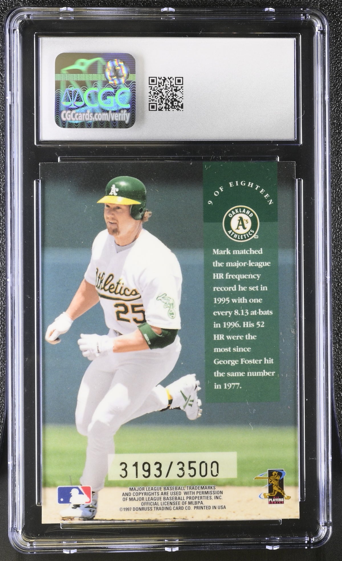 1997 Leaf Mark McGwire /3500 Dress for Success #9 CGC 9 Oakland Athletics