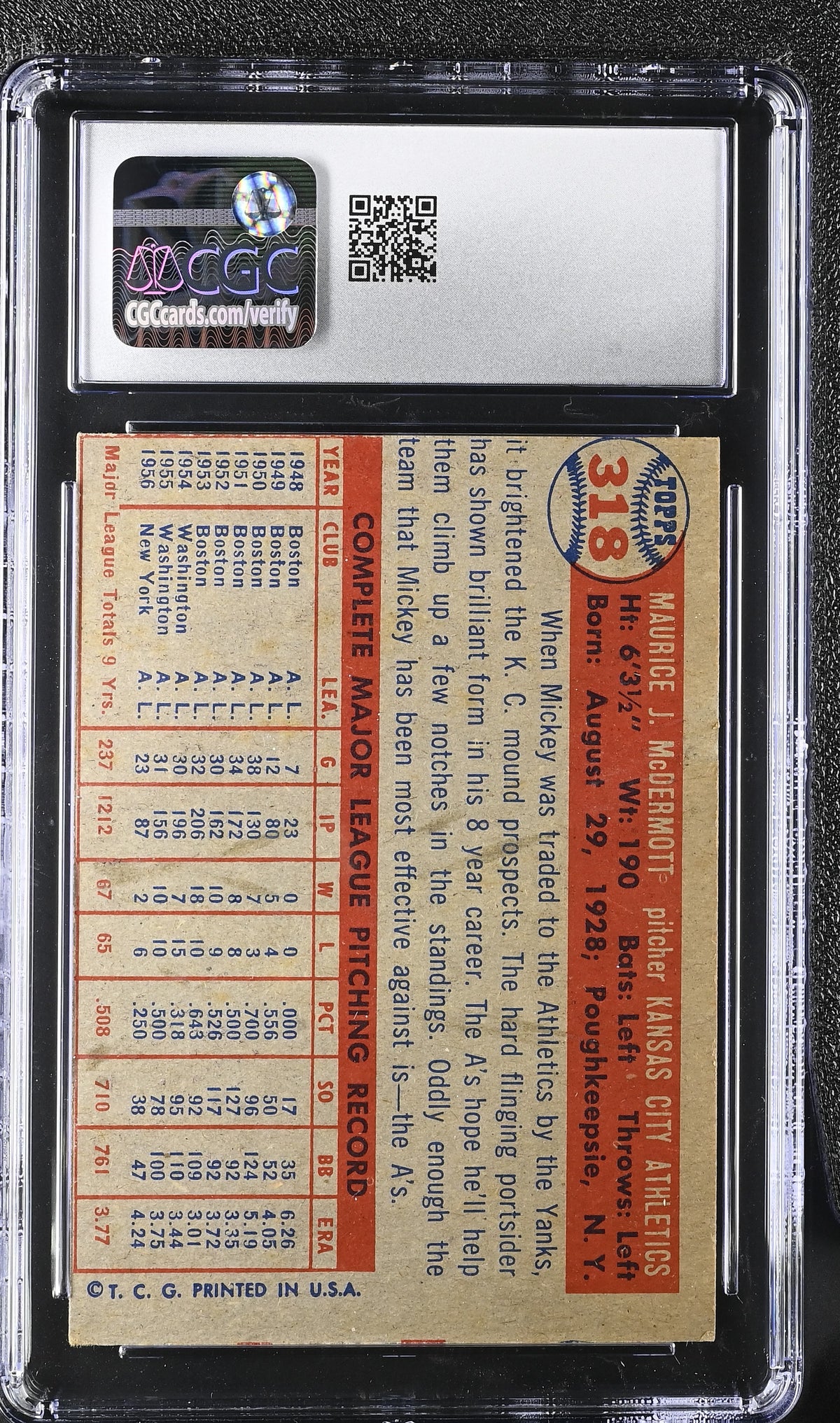 1957 Topps Mickey McDermott #318 CGC 5.5 Kansas City Athletics