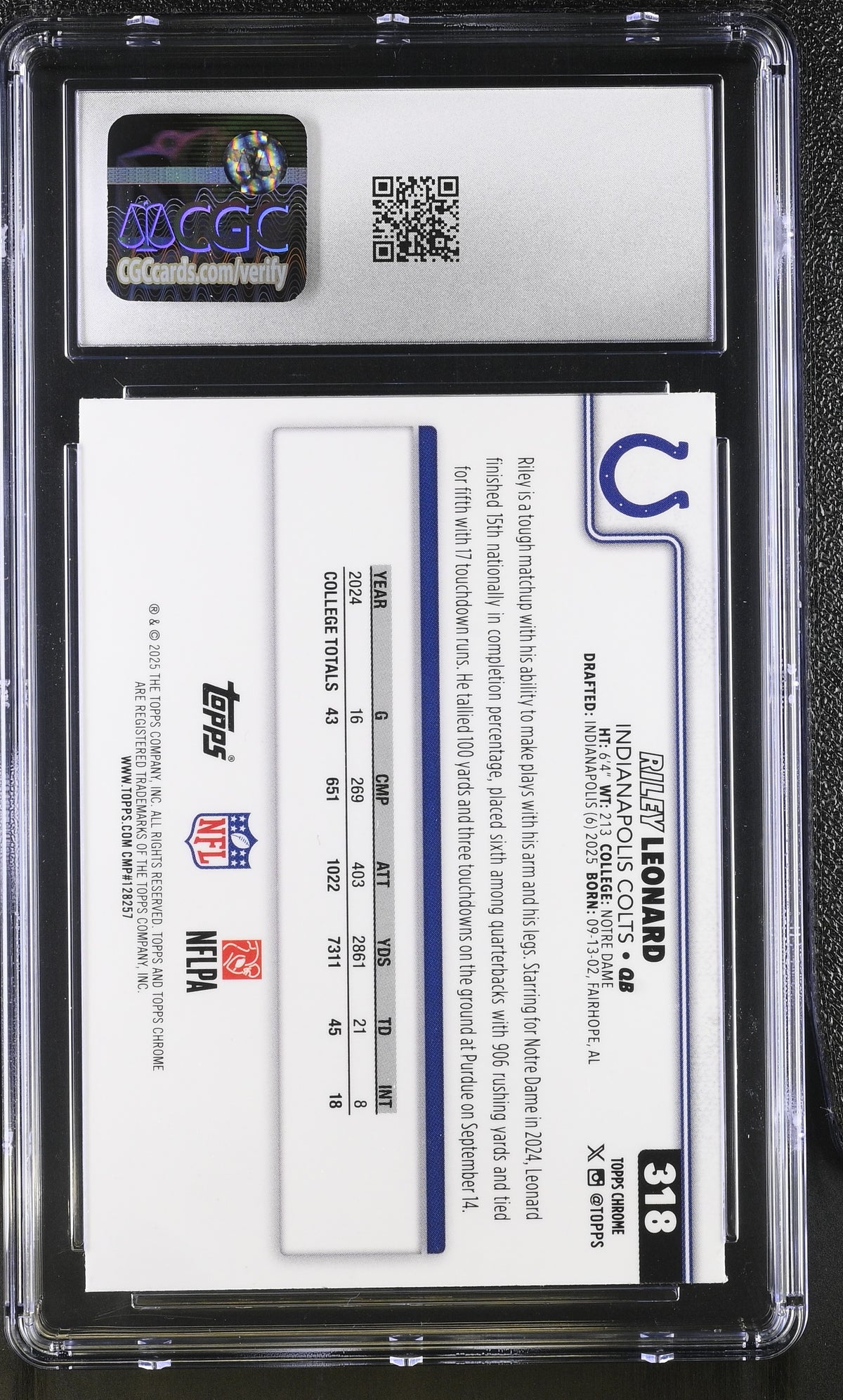 2025 Topps Chrome Riley Leonard X-Fractor Rookie #318 CGC 10 Indianapolis Colts