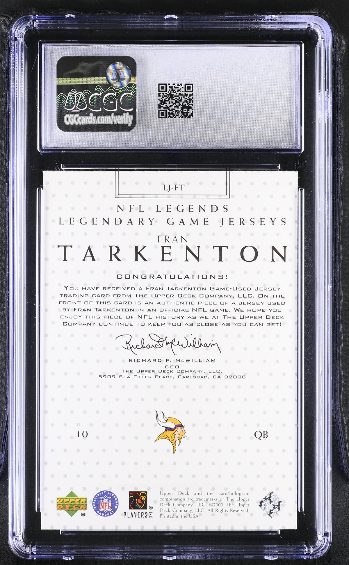 2000 Upper Deck Legends Fran Tarkenton Game Jerseys #LJ-FT CGC 10 Vikings