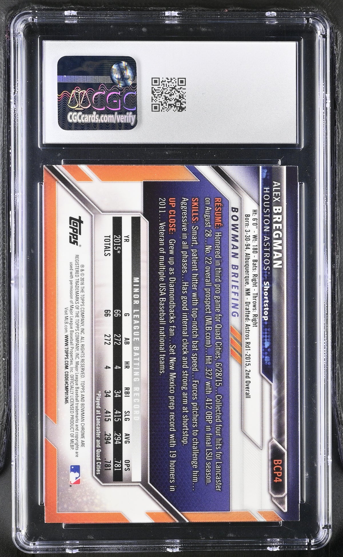 2016 Bowman Alex Bregman Rookie Chrome Prospects #BCP4 CGC 10 Houston Astros