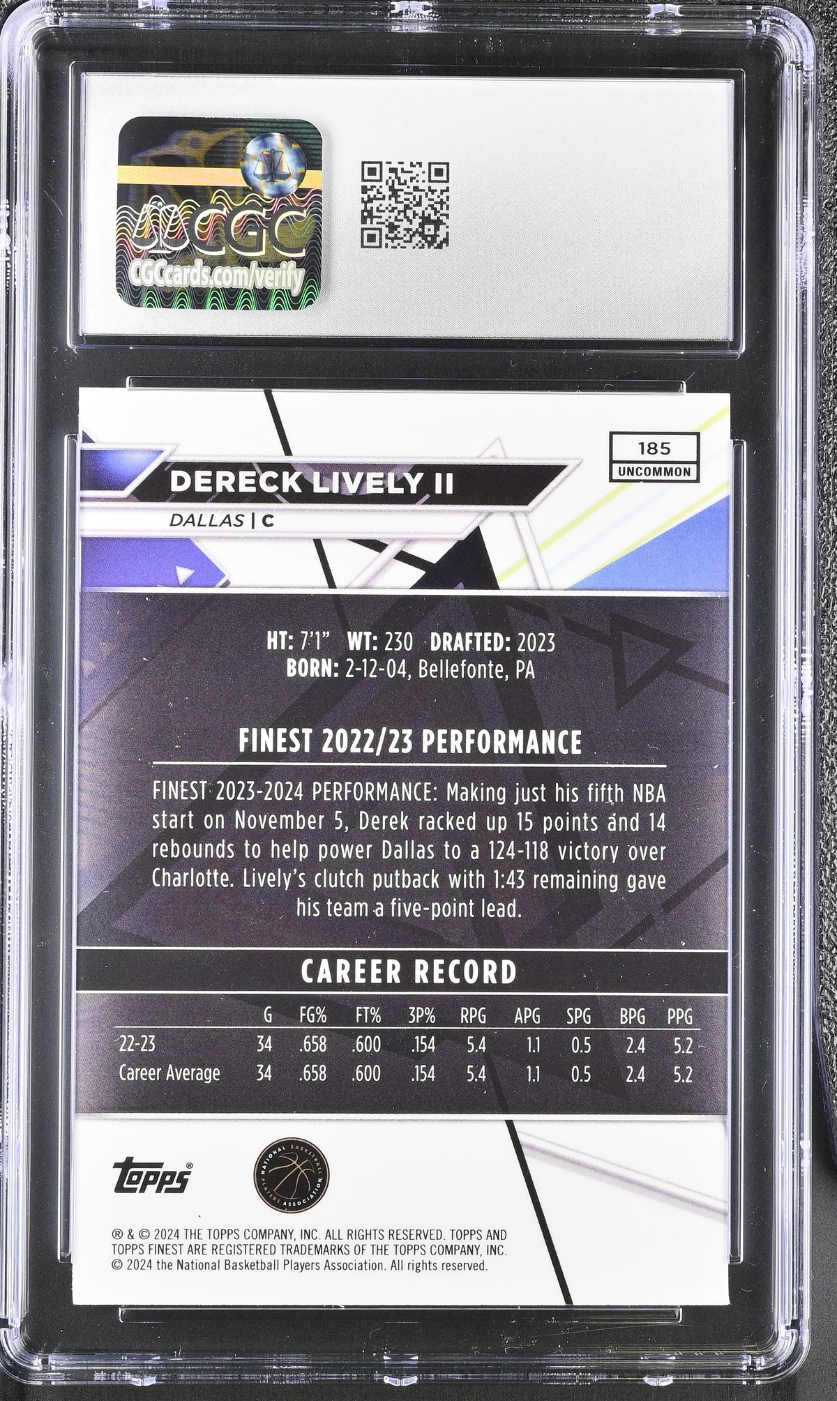 2023-24 Topps Finest Dereck Lively II Checkerboard Rookie #185 CGC 10 Mavericks