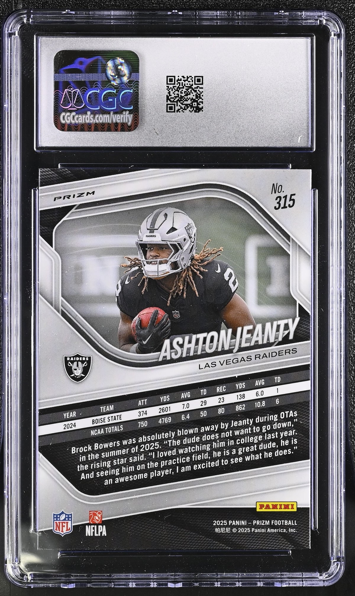 2025 Panini Prizm Ashton Jeanty Lazer Rookie #315 CGC 10 Las Vegas Raiders