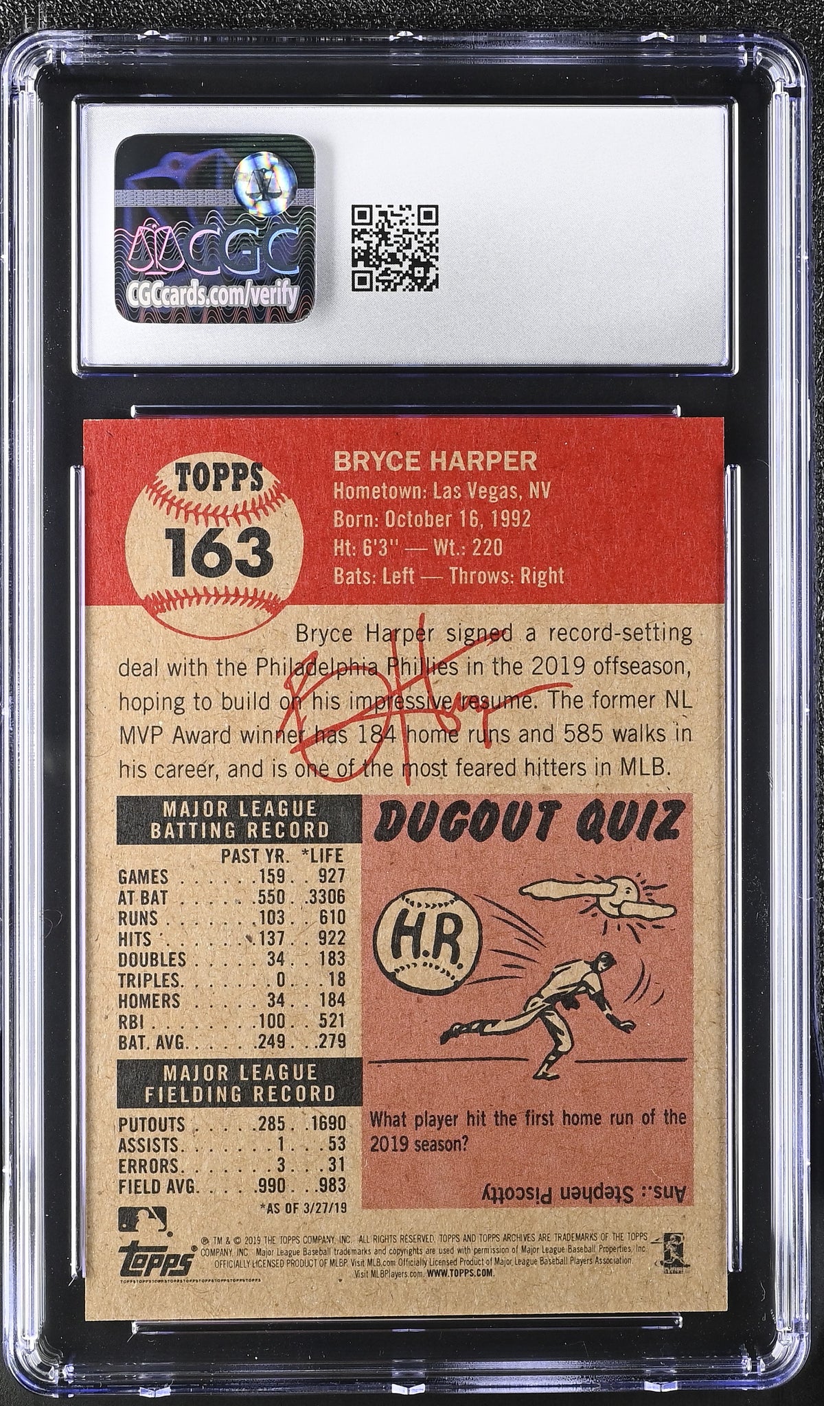 2019 Topps Living Set Bryce Harper #163 CGC 10 Philadelphia Phillies