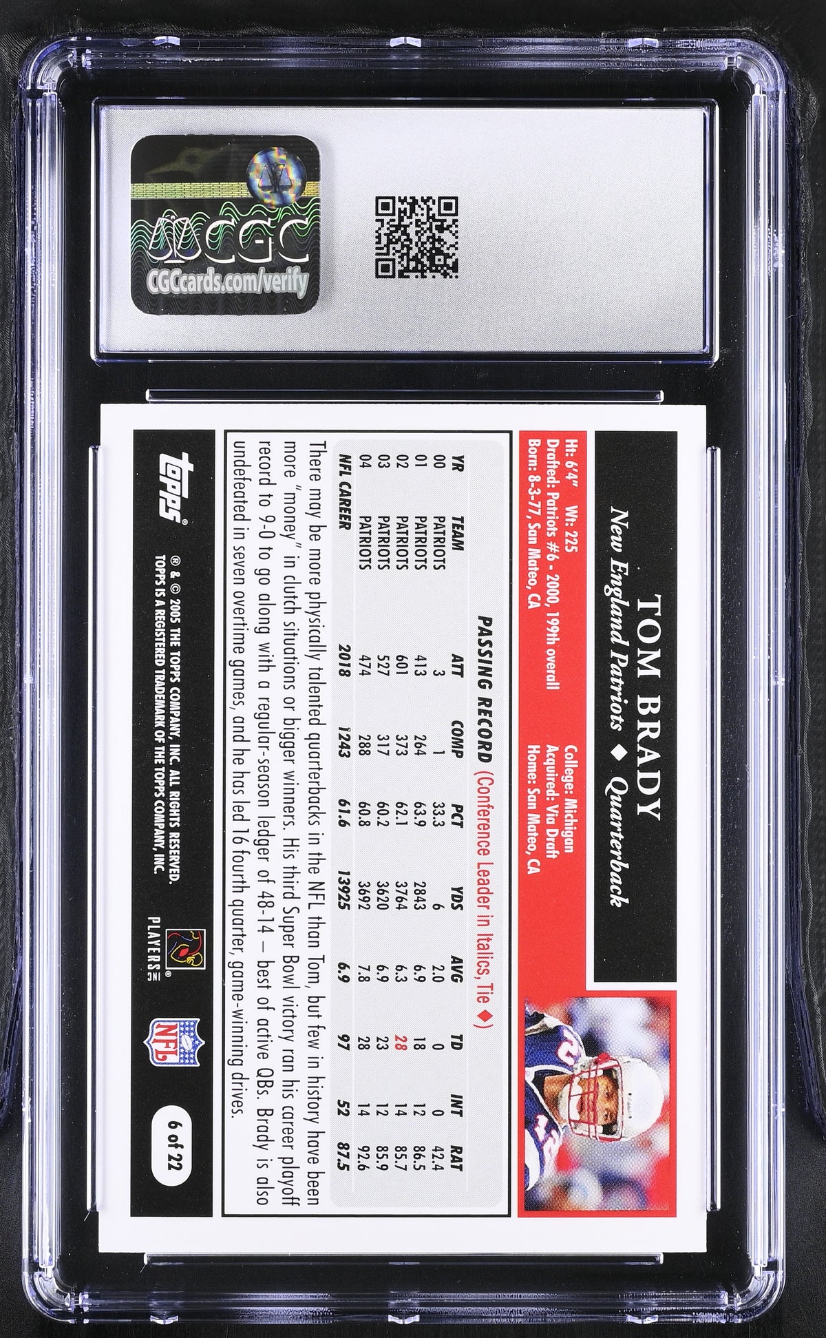 2005 Topps Tom Brady Turn Back the Clock #6 CGC 9 New England Patriots