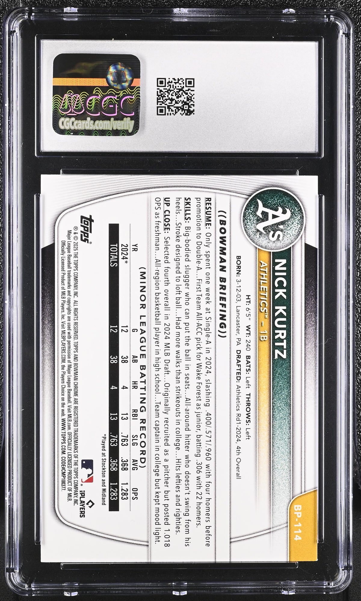 2025 Bowman Nick Kurtz Prospects #BP-114 CGC 10