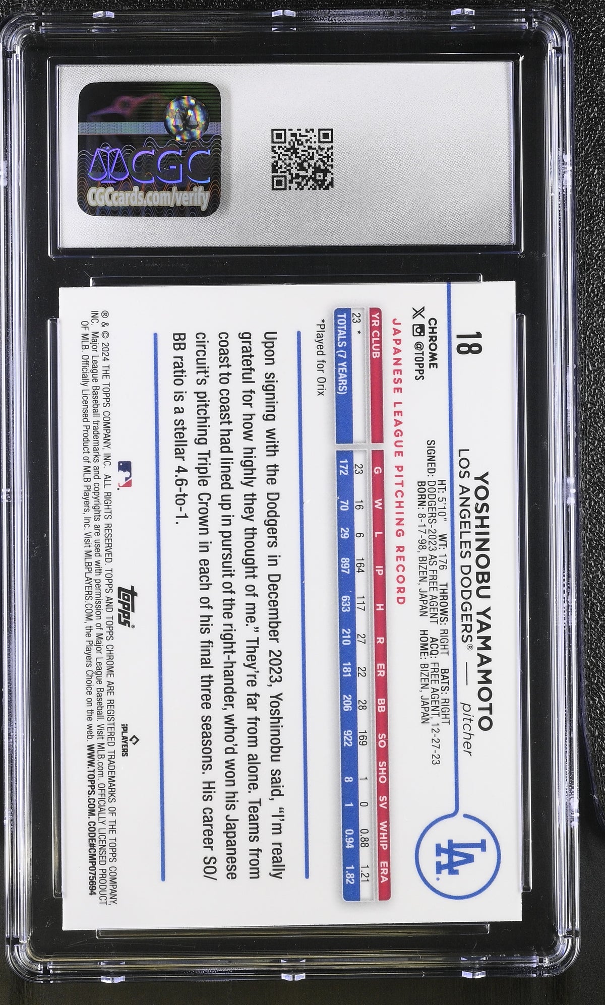 2024 Topps Chrome Yoshinobu Yamamoto X-Fractor Rookie #18 CGC 10 Dodgers