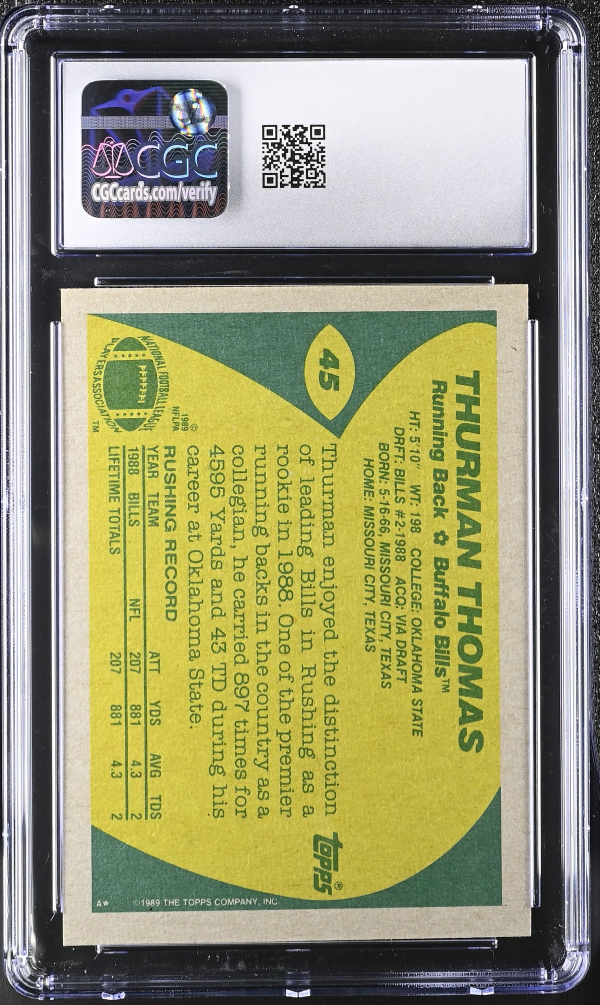 1989 Topps Thurman Thomas Rookie #45 CGC 9 Buffalo Bills