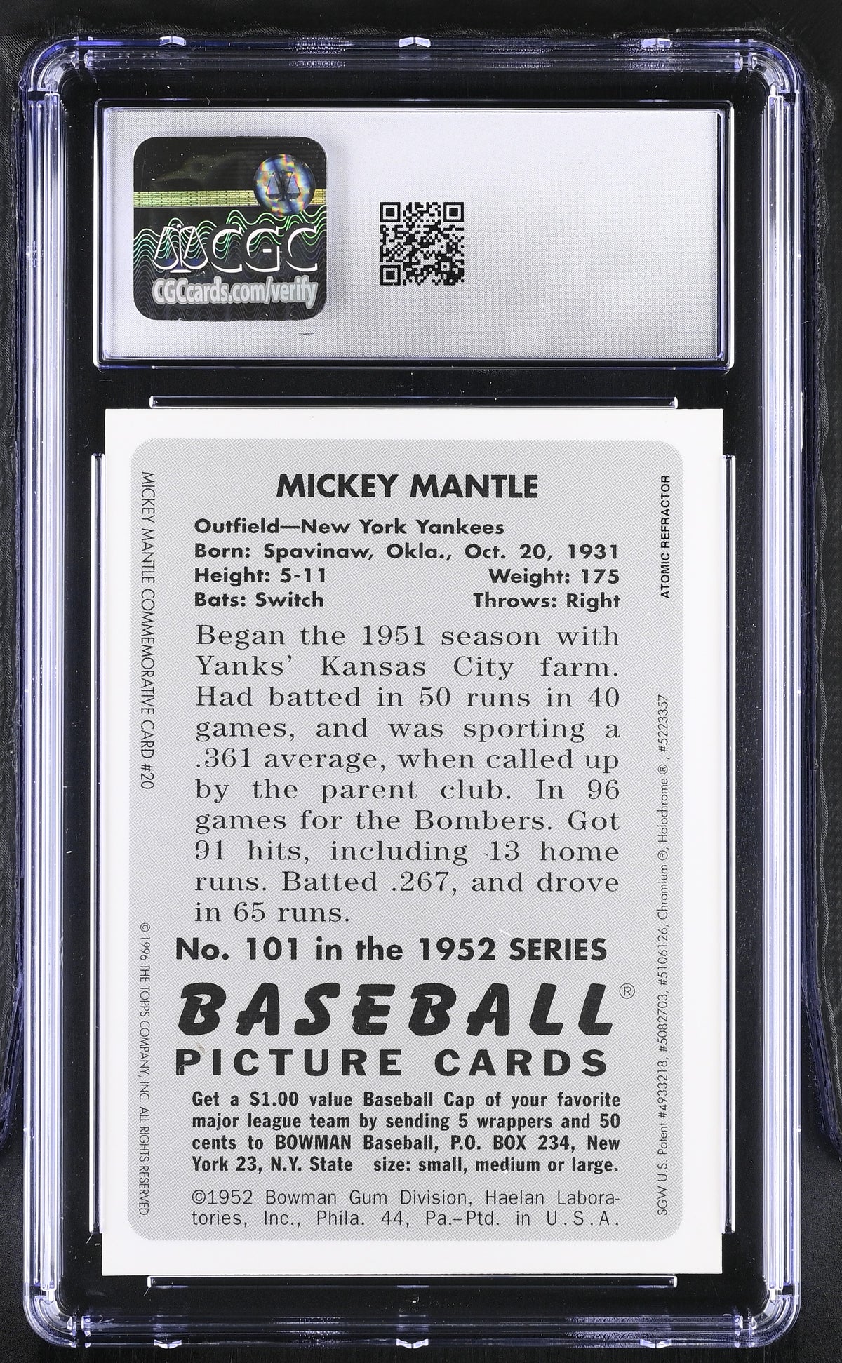 1996 Best Mickey Mantle Atomic Refractor-'52 Bowman Finest Reprints #20 CGC 6