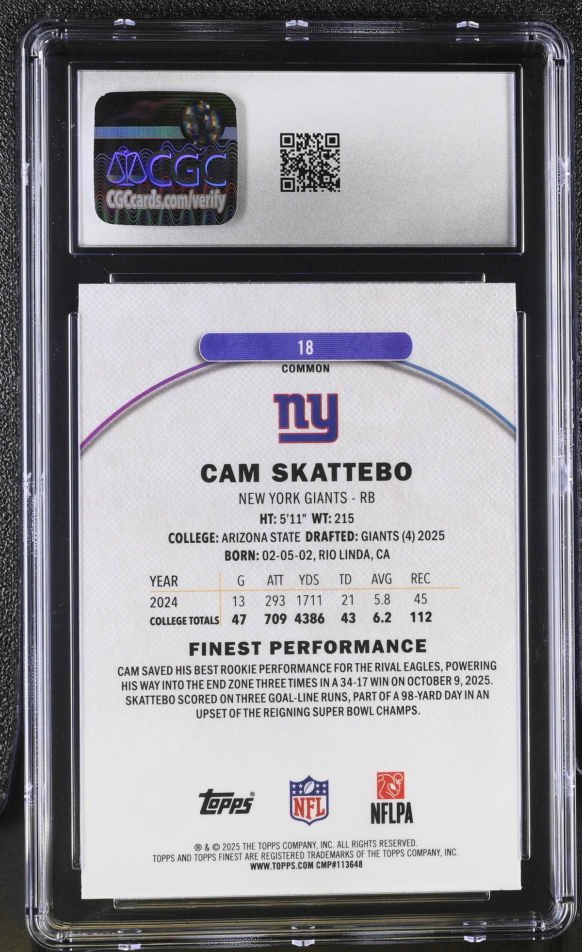 2025 Topps Finest Cam Skattebo #18 CGC 9.5 New York Giants
