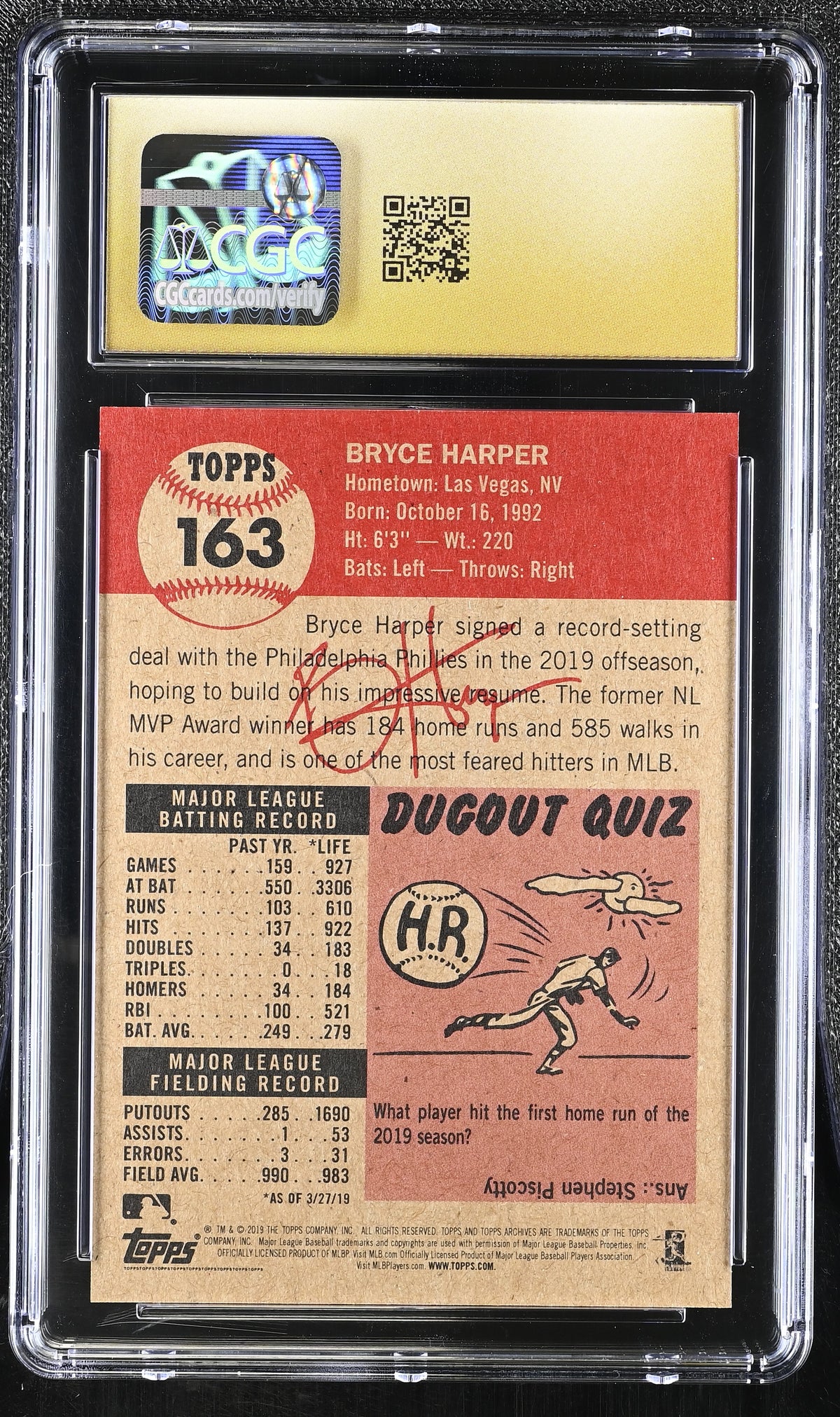 2019 Topps Living Set Bryce Harper #163 CGC 10 Pristine Philadelphia Phillies