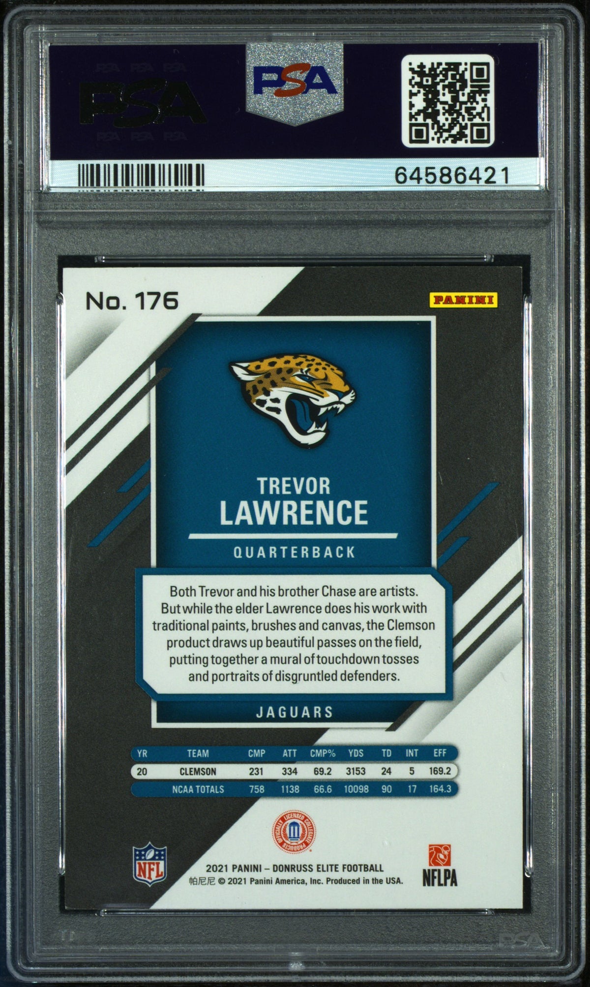 2021 Panini Donruss Elite Trevor Lawrence Purple /99 Rookie #176 PSA 9 Jaguars