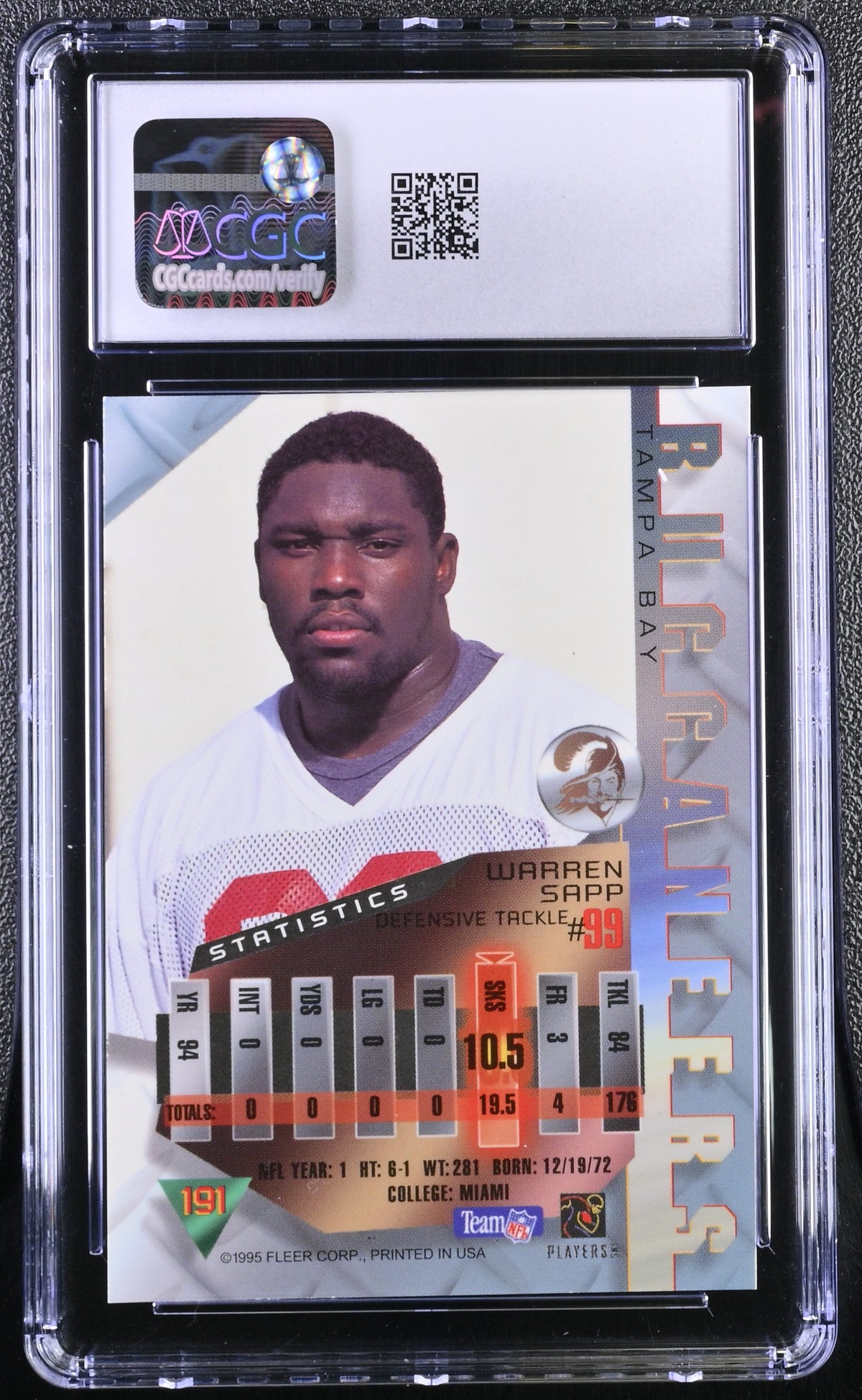 1995 Fleer Metal Warren Sapp Rookie #191 CGC 9.5 Tampa Bay Buccaneers
