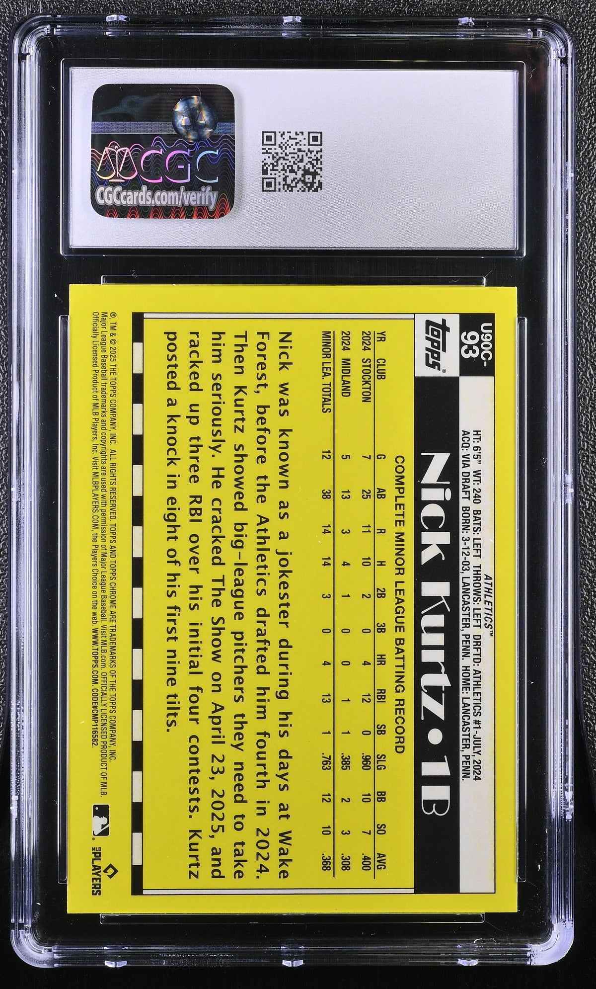 2025 Topps Update Nick Kurtz Rookie '90 Silver Pack #U90C-93 CGC 9.5 Athletics