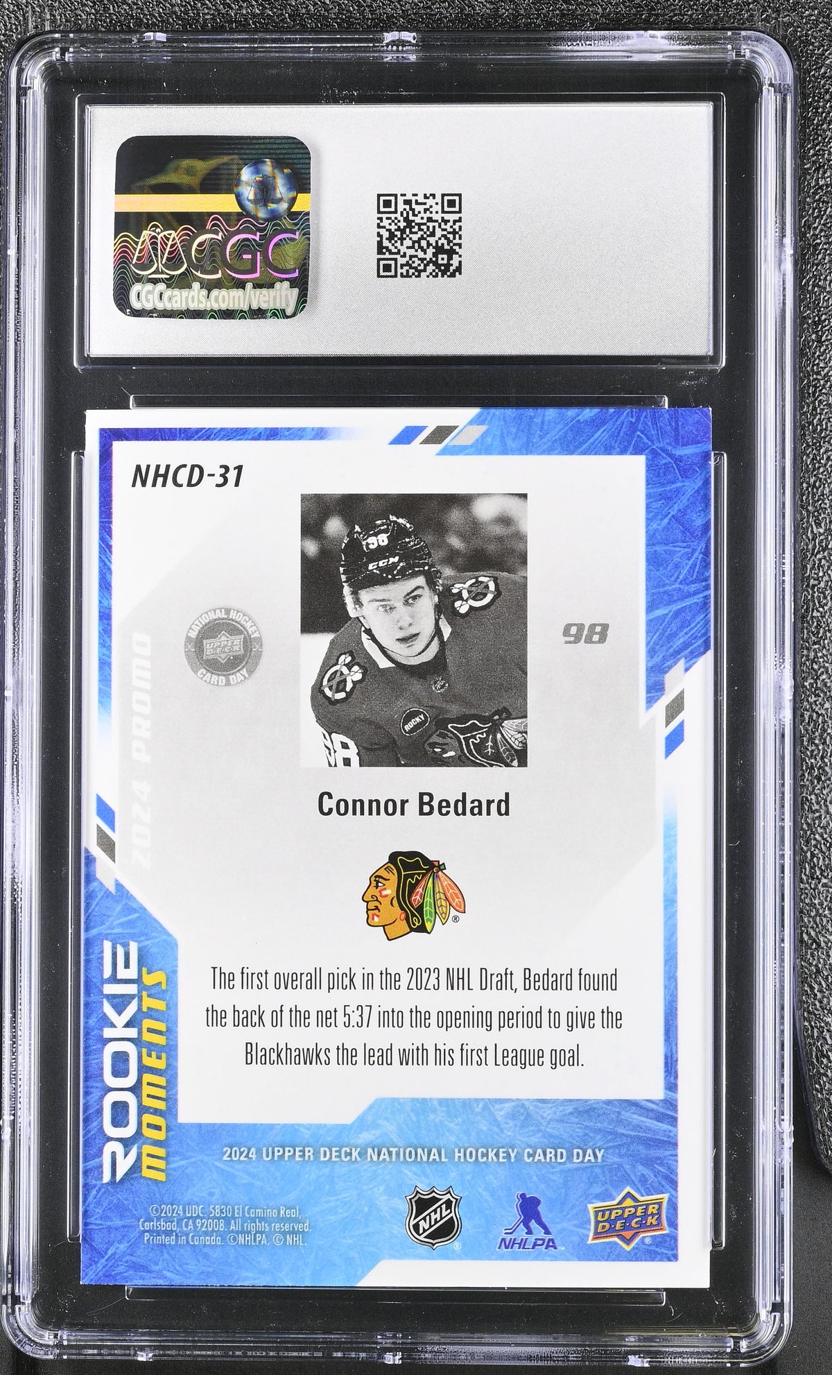 2024 UD Nat'l Hockey Card Day Connor Bedard Rookie #NHCD-31 CGC 10 Blackhawks