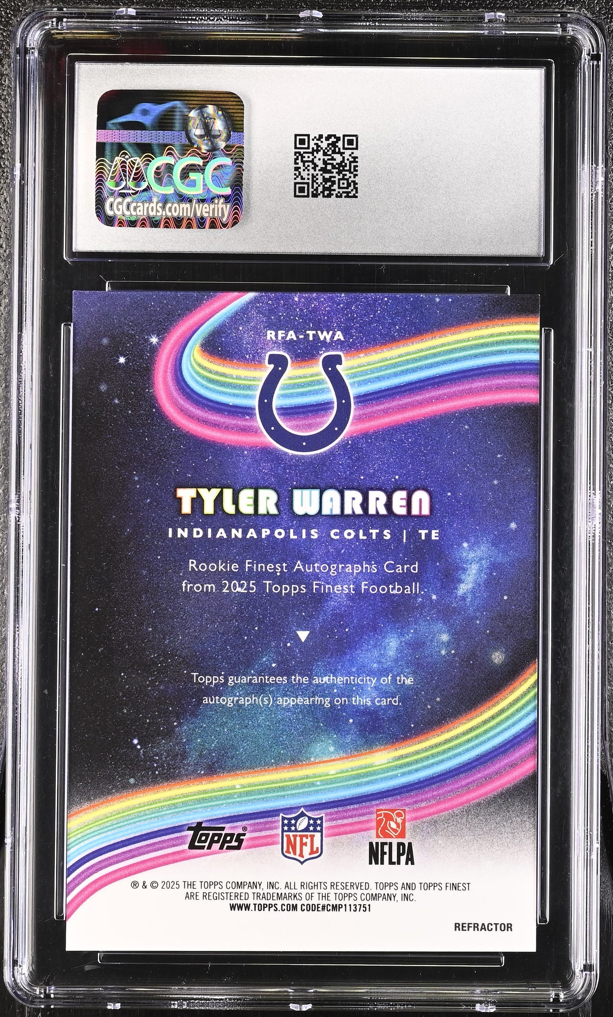 2025 Topps Finest Tyler Warren Refractor Rookie Auto #RFA-TWA CGC 10 Buccaneers