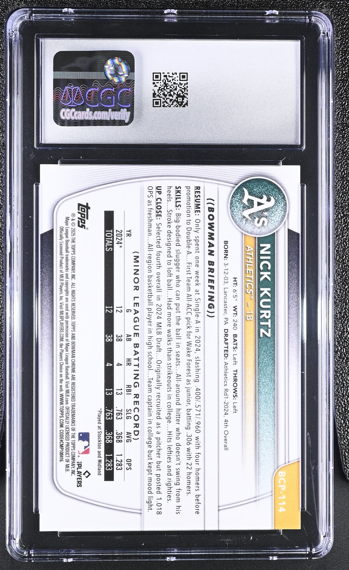 2025 Bowman Nick Kurtz Purple RayWave Refractor /250 Chrome #BCP-114 CGC 10