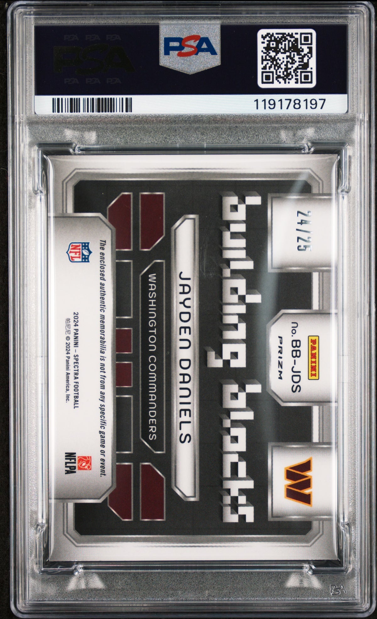 2024 Panini Spectra Building Blocks Relics Jayden Daniels Meta /25 Rookie PSA 8