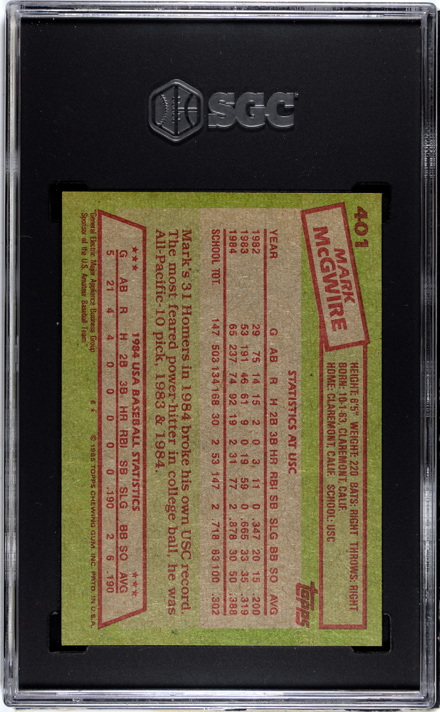 1985 Topps Mark Mcgwire Rookie #401 SGC 8